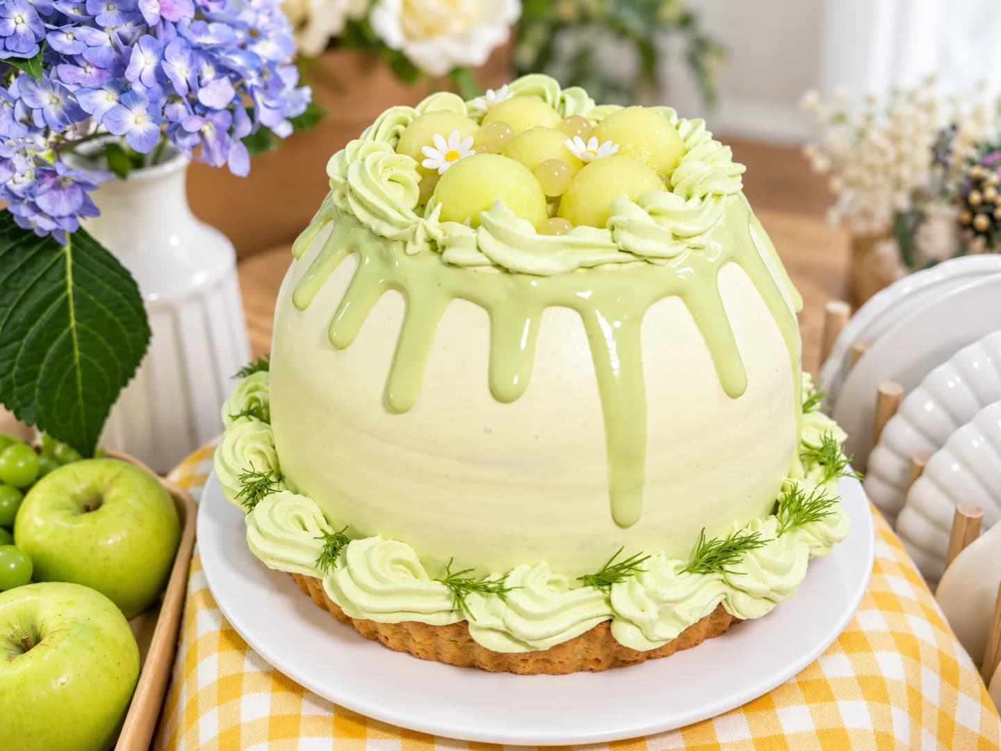 Bánh tart matcha táo xanh, nho xanh và thì là